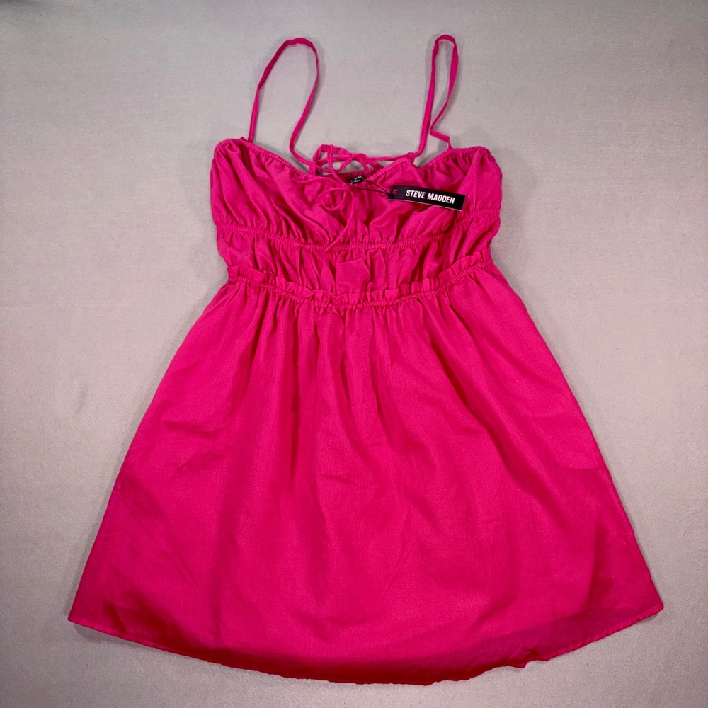 Steve Madden Pink Smocked Mini Dress BP208134 Cotton Babydoll Pockets NWT L
